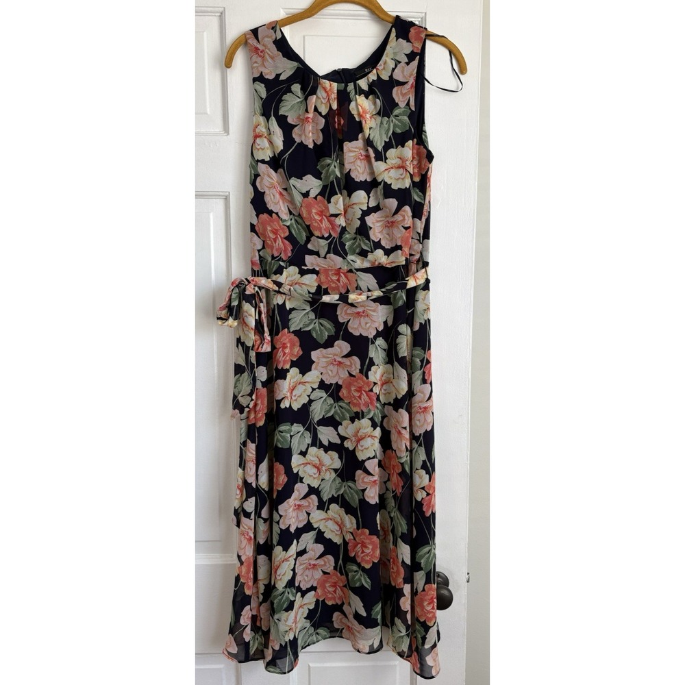 R&K Floral Midi Dress Navy Coral Sleeveless Belted Chiffon 1P102J Womens 8 NEW